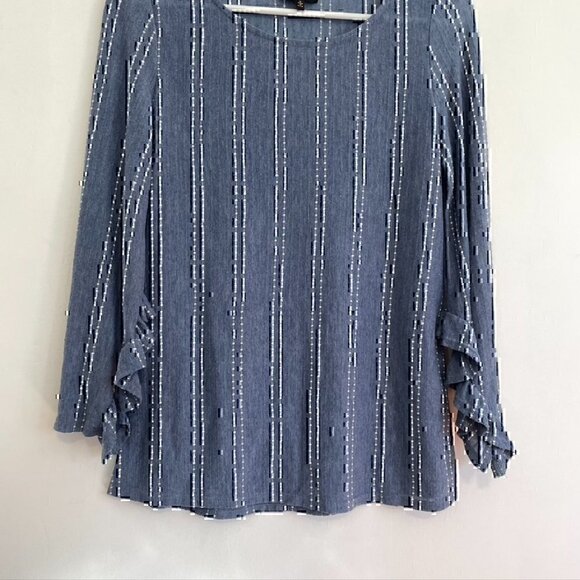 W5 ANTHROPOLOGIE Mariana Blouse Dot Stripe Blue White Ruffle 3/4 Sleeve Boho Top - Picture 6 of 12